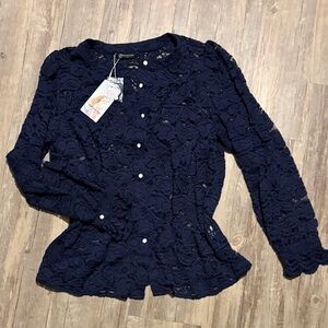 Women's Navy Lace Button-Up Blouse